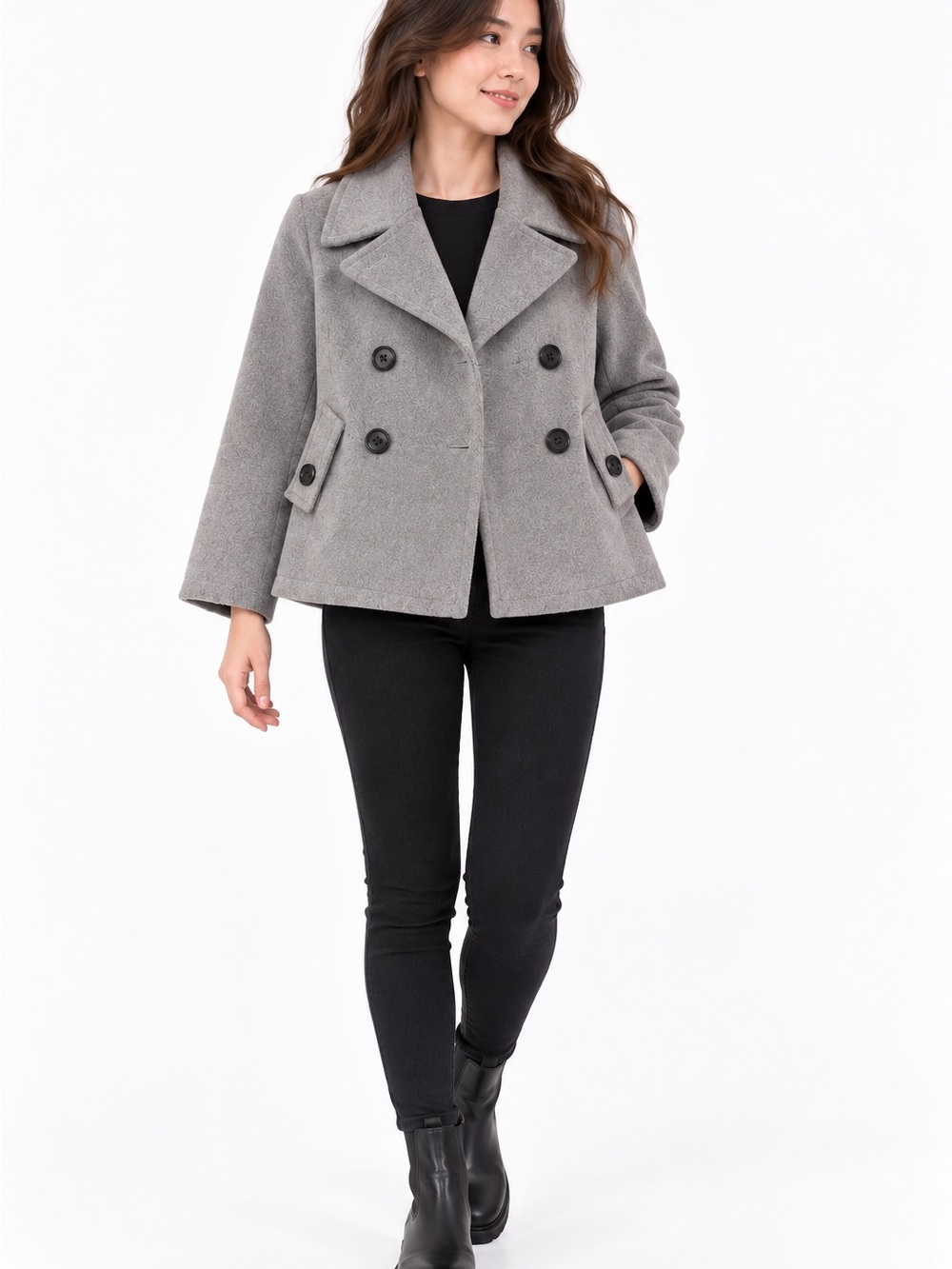 Letter Back Number Gray A-Line Peacoat Wool Blend Japanese Style Coat Size L